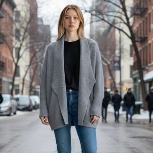 Madewell Sculptor Cardigan 100% Marino Wool Heather Gray Open Front Cardigan